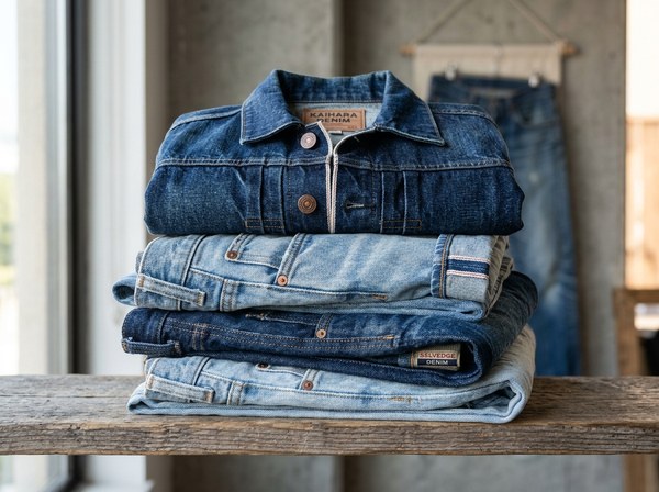 Stack of finished denim jeans after washing