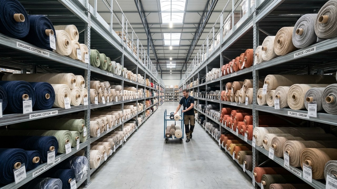 Workers organising finished textiles on a busy garment factory floor